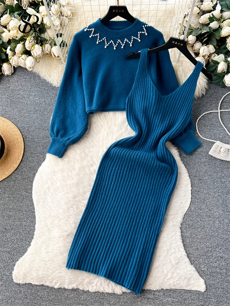 Huibahe Pearls Knitted Suits Winter O Neck Long Sleeves Pullover+Strap Slim Bodycon Dress Female Elegant Striped Sweater Sets