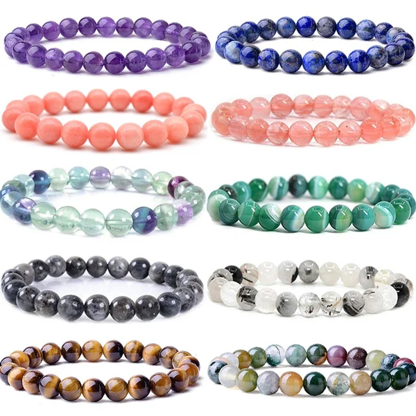 Natural Gemstone Round Beads 8mm Bracelets Apatite / Agate /amethyst /watermelon /Rose Quartz /Morgan Stone/malachite/Tiger Eye Fashion Bracelet 75 Styles