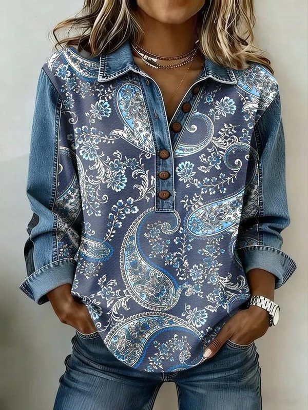 Women's Vintage Floral Print Lapel Shirt 