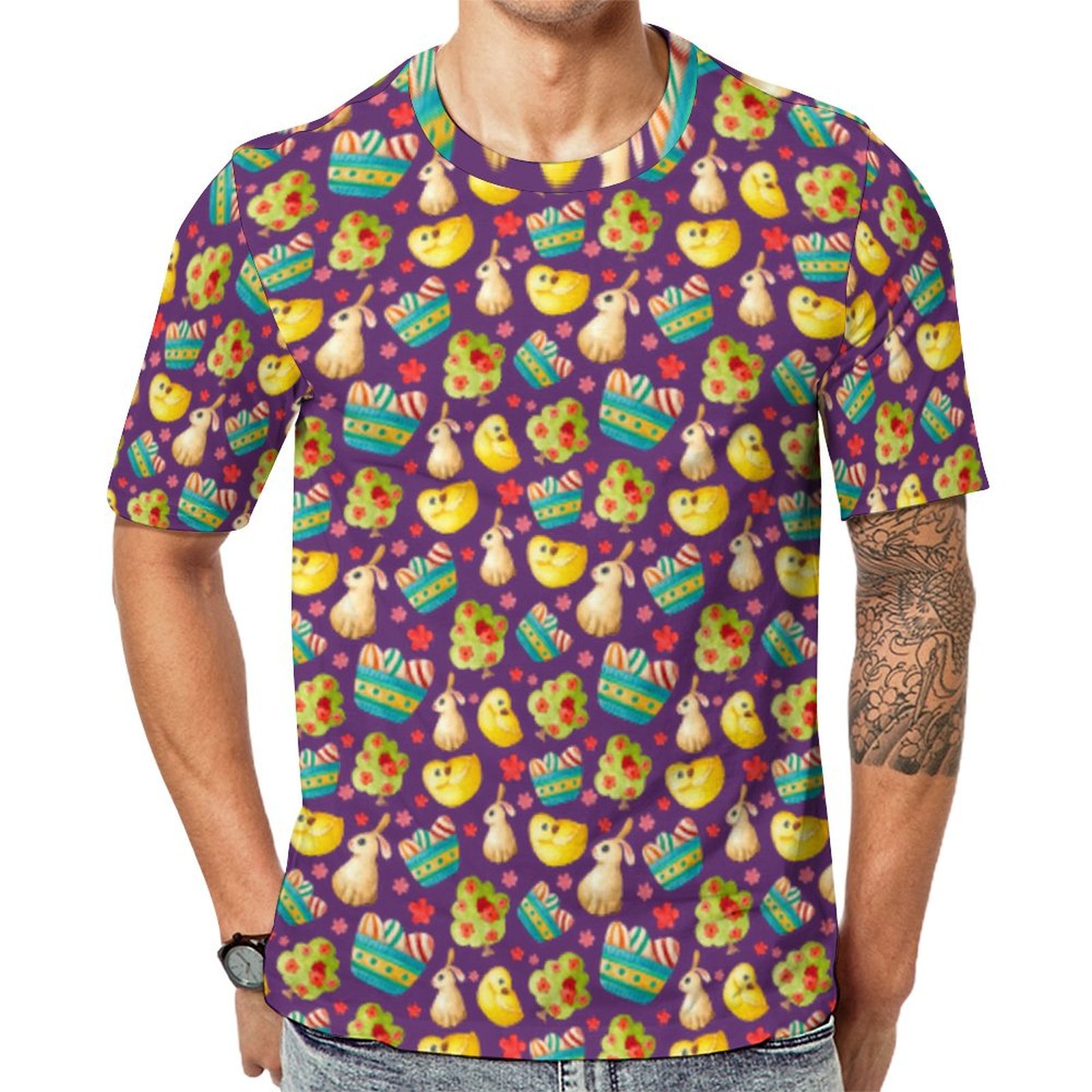 Easter Eggs Basket Chicks Bunny Rabbits Short Sleeve Print Unisex Tshirt Summer Casual Tees for Men and Women Coolcoshirts