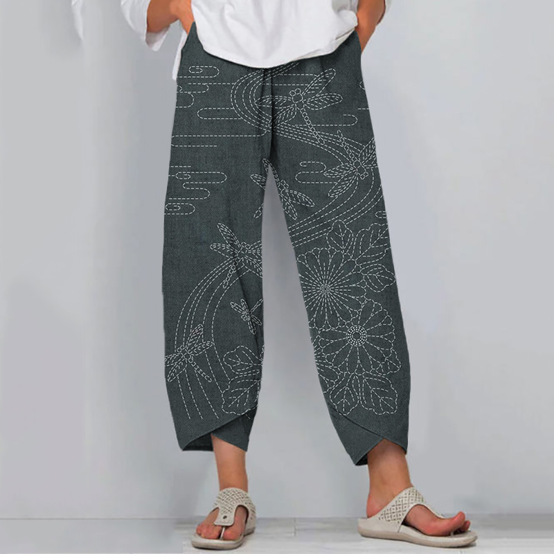 Japanese Embroidery Art Cropped Casual Pants wearshes