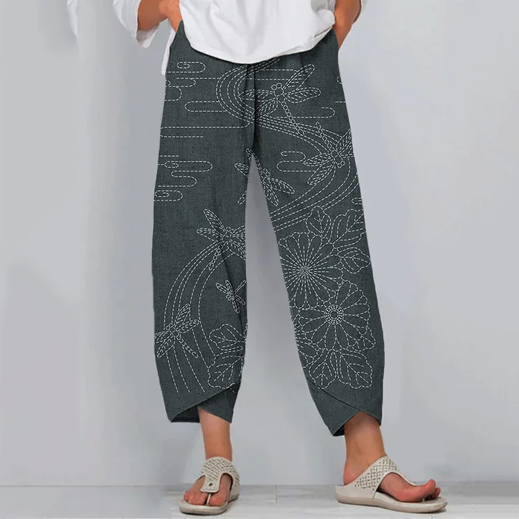 Japanese Embroidery Art Cropped Casual Pants