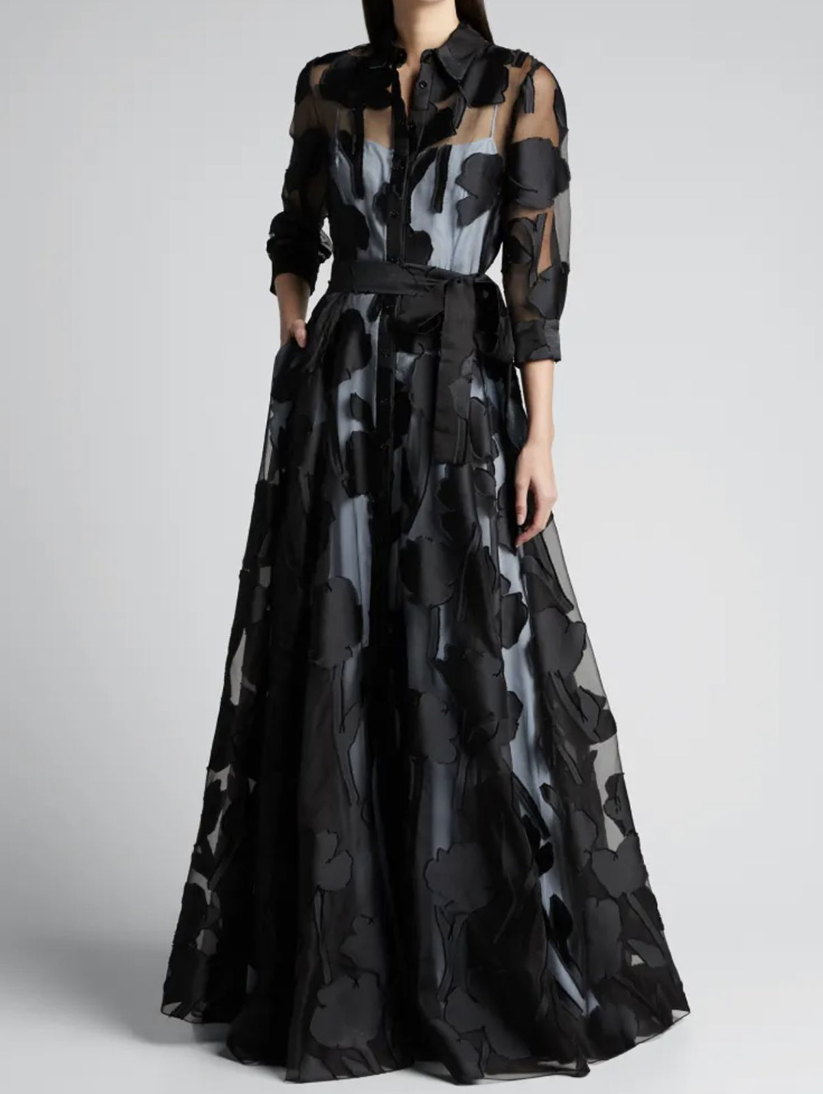 Elegant Three-Quarter Sleeve Knotted Waist Jacquard Mesh Maxi Dress