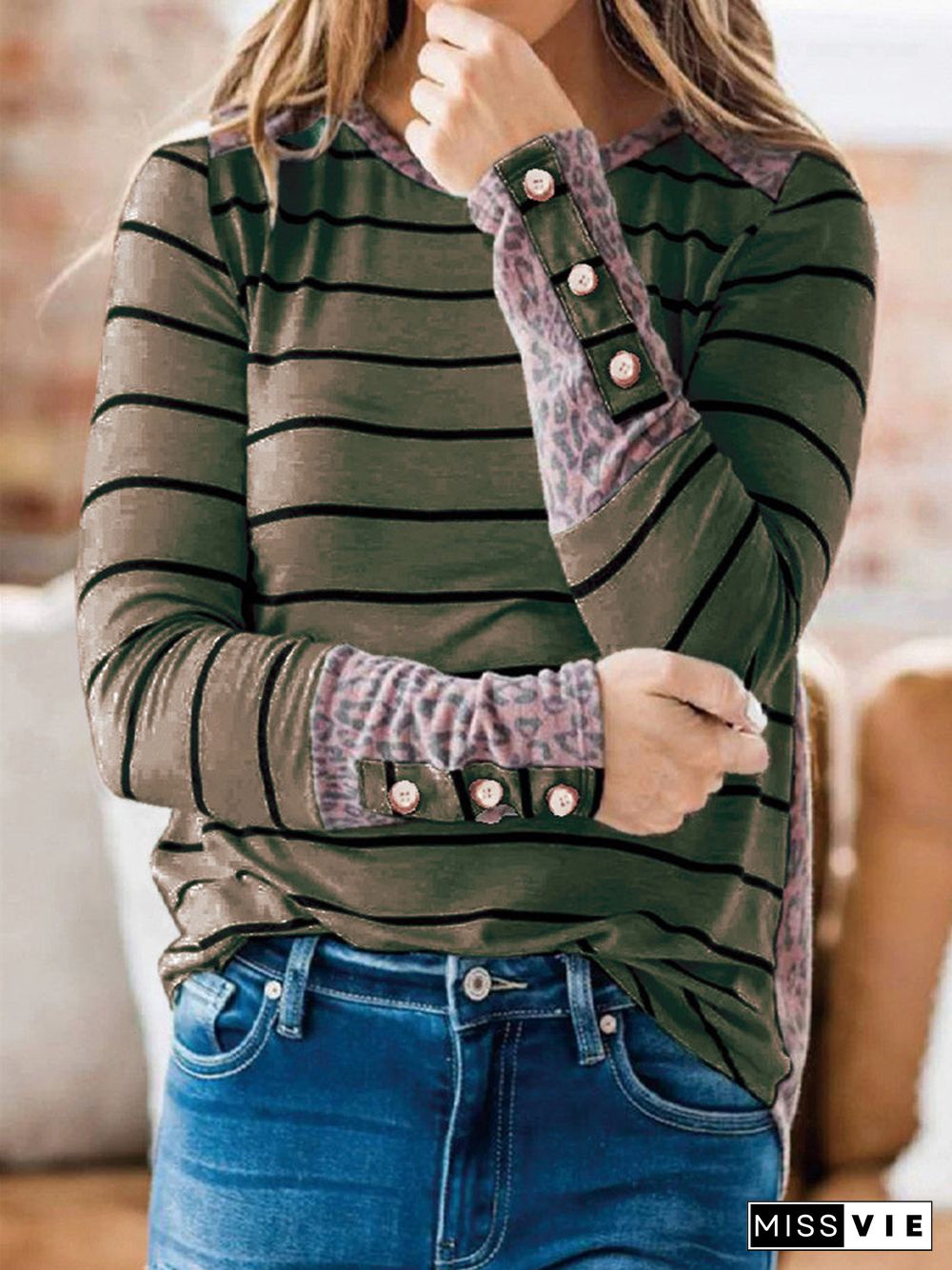 Women's Striped Long Sleeve Scoop Neck Tops