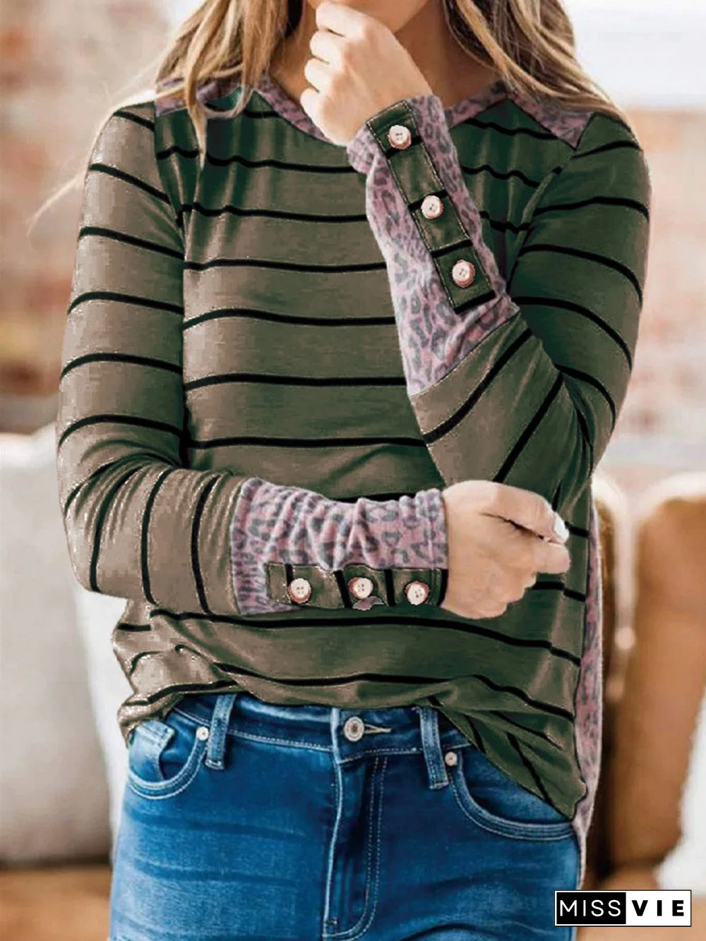 Women's Striped Long Sleeve Scoop Neck Tops