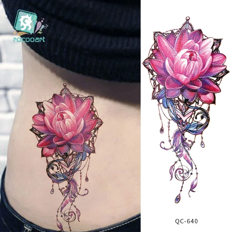 Rocooart 1pcs Hot Red lotus flower Water Transfer Tattoo Stickers Back Waist Women Art Temporary Tattoo Girl Sexy Flash Tatoos