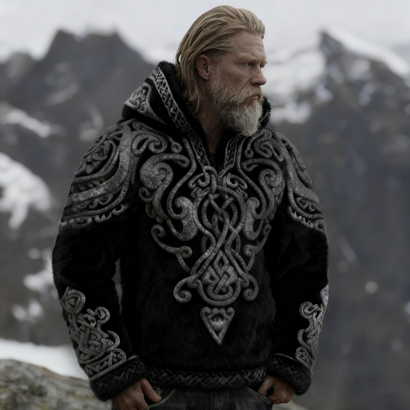 Men's Viking Style Celtic Knot Art Cozy Flannel Hoodie elevenforest
