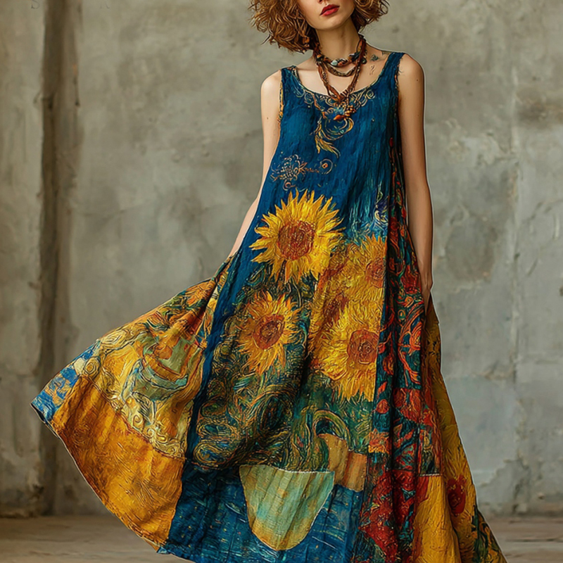 Women's Oil Painting Sunflower Art Print Round Neck Tank Midi Dress  artssus