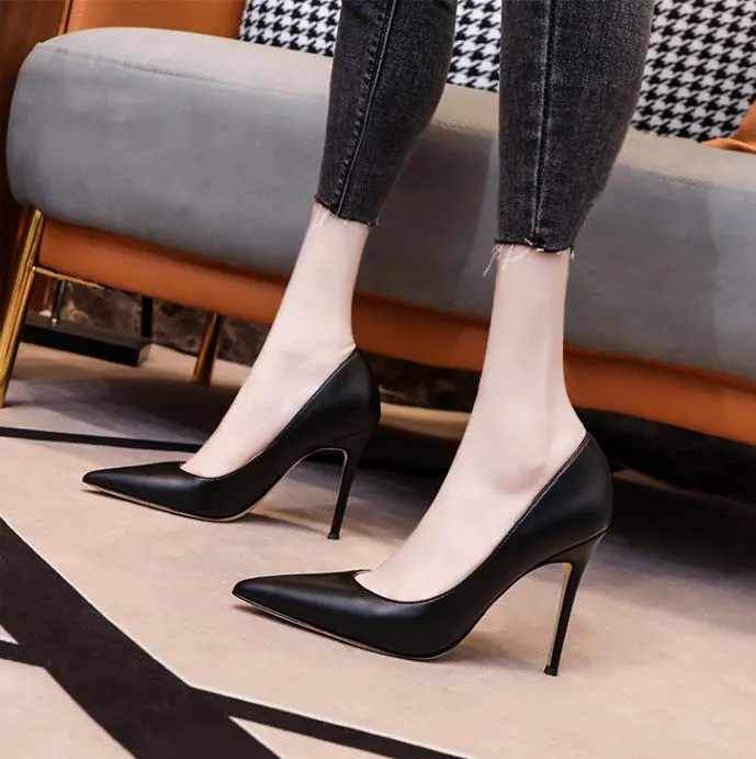 Breakj Breakj Working Shoes Women Black High Heels Fine Heel Professional Tip Low Heel Soft Leather Small Size Comfortable Single Shoes