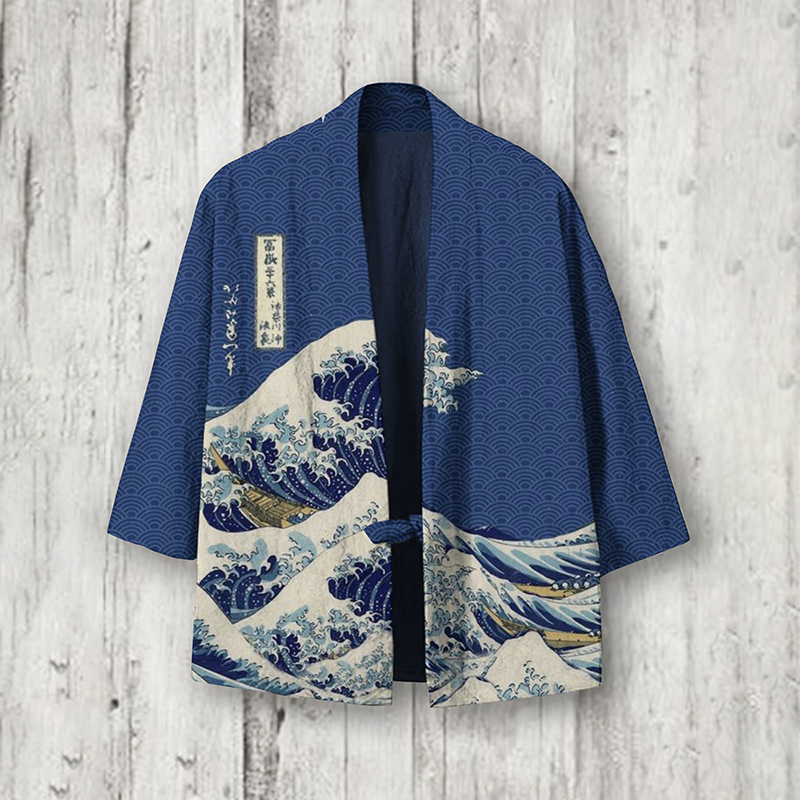 Comstylish Vintage Japanese Art Sea Printed Linen Blend Kimono