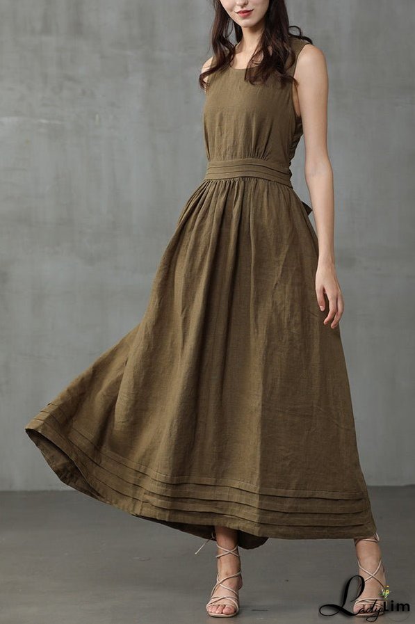 Cross Back O Neck Maxi Linen Dress