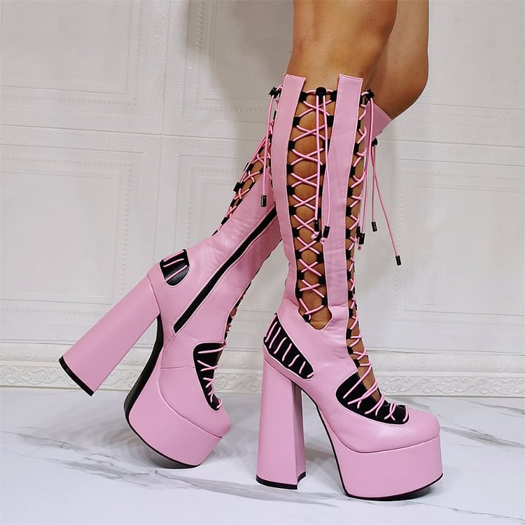 Statement Cutout Lace Up Pointed Toe Side Zipper Paneled Knee High Boots