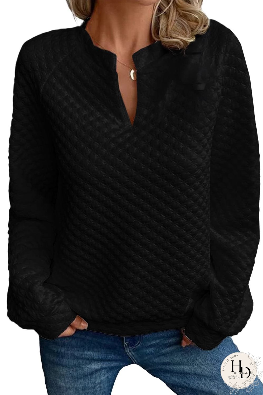 Chic Black Quilted Split Neck Long Sleeve Blouse