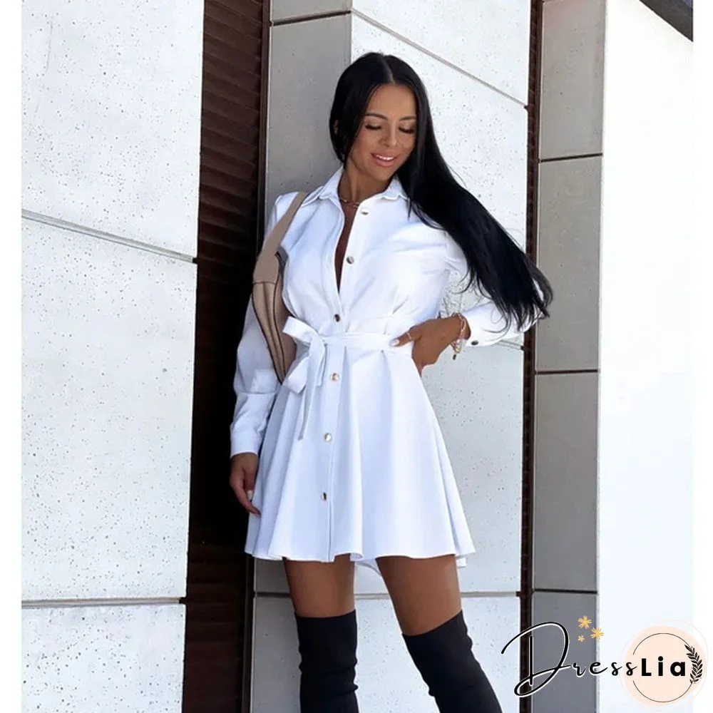 Turn-down Collar Long Sleeves Buttons Shirt Dress Women Fashion Collect Waist A Line Dress Elegant Ladies Dresses