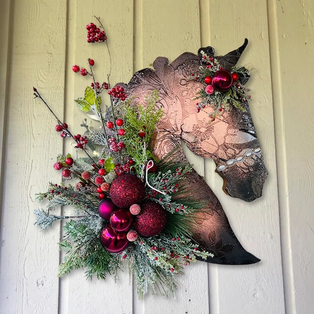 L,1pc Debouor Christmas Dressage Wood Horse Head Door Hanger Spring Horse Wreath Garland Wall Decor Equestrian Wooden Flower Wreath Welcome Sign for Front Porch Xmas Tree Decorations