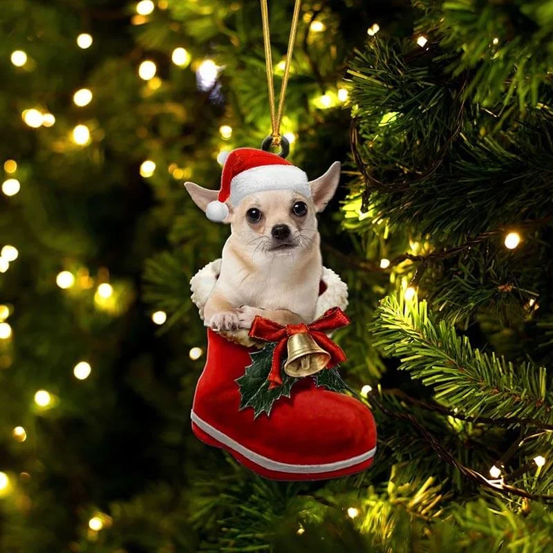 VigorDaily Cream Chihuahua In Santa Boot Christmas Hanging Ornament SB029