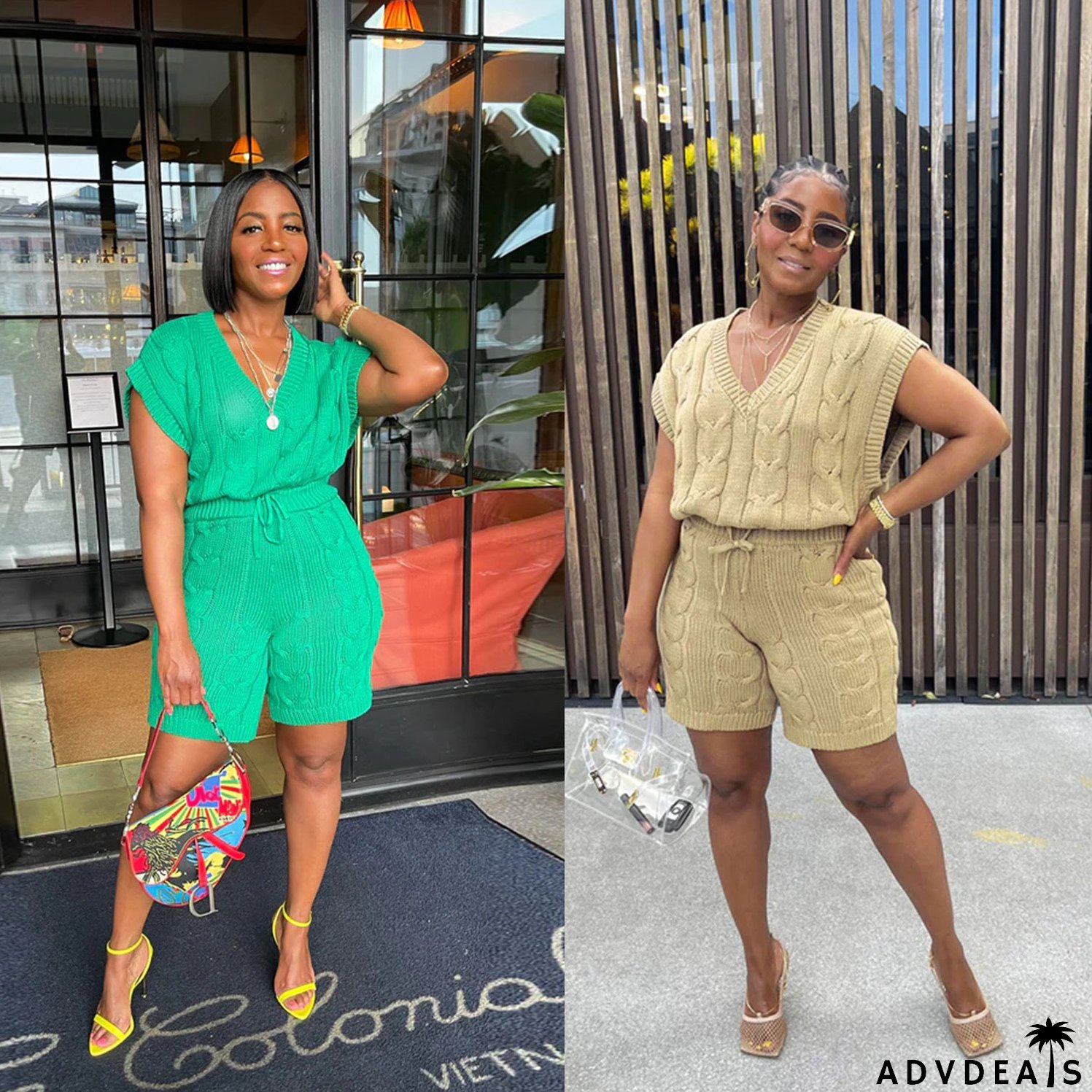 Sexy Solid Deep V Neck Sleeveless Loose Sweater Slim Shorts Two Piece Set