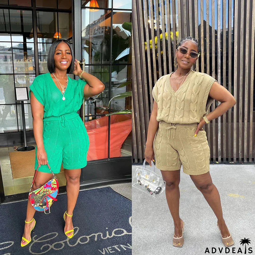 Sexy Solid Deep V Neck Sleeveless Loose Sweater Slim Shorts Two Piece Set