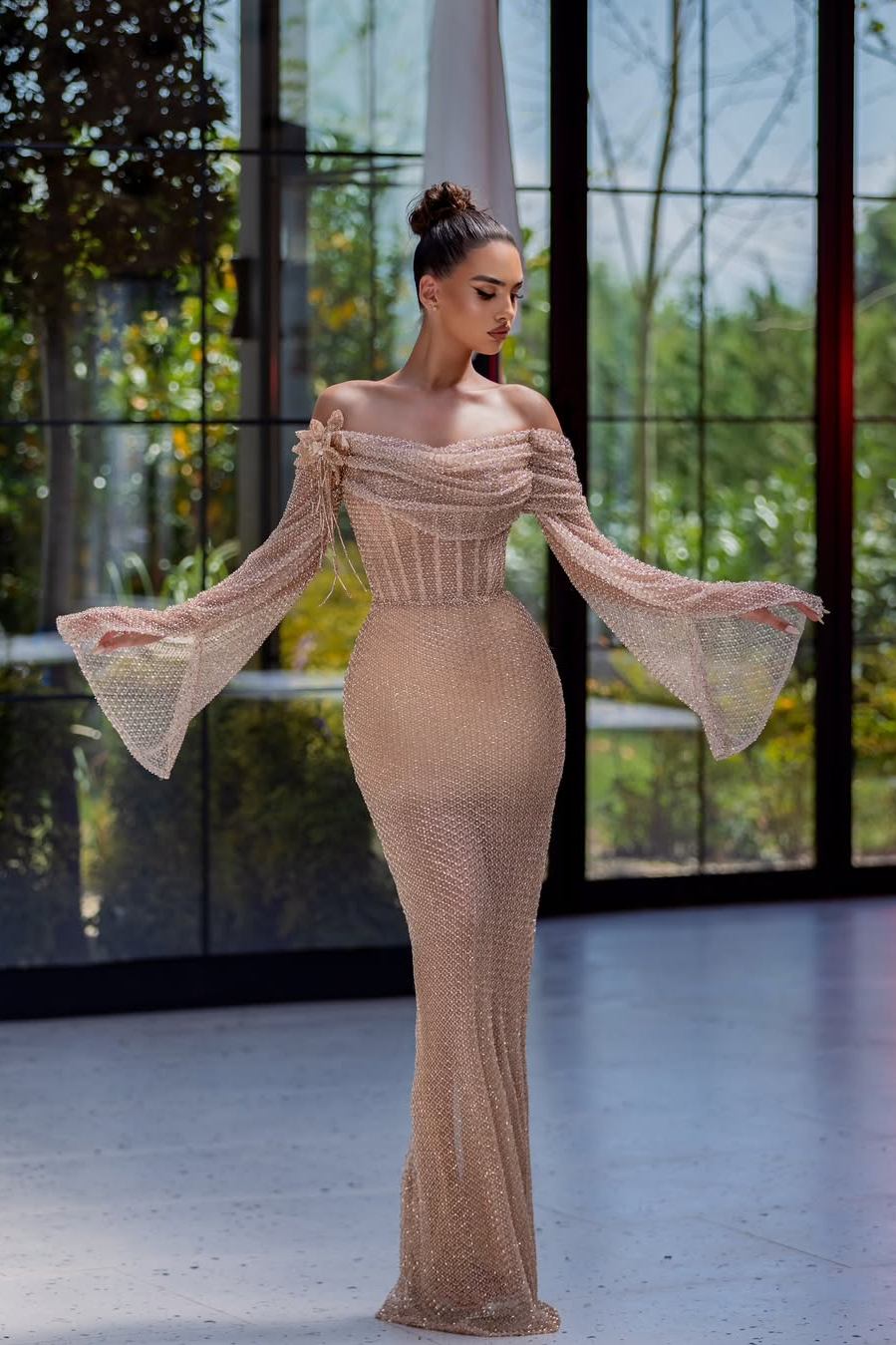 Lvs&Broner Off the Shoulder Long Sleeves Long Prom Dress With Appliques