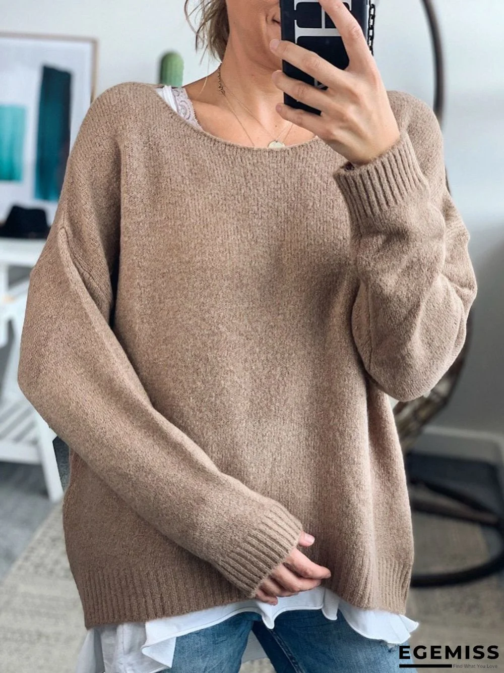 Blue Casual Cotton-Blend Crew Neck Sweater | EGEMISS