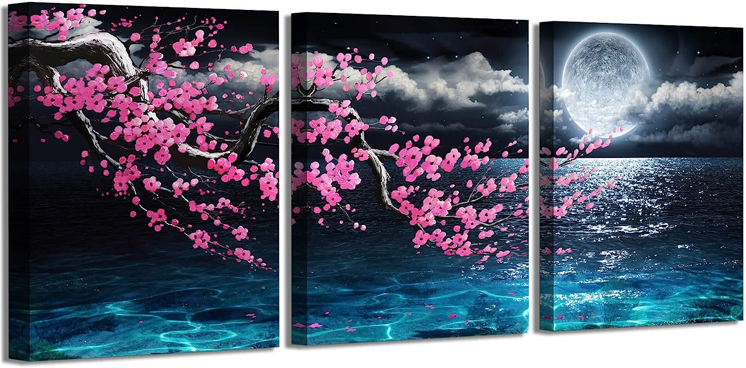 Canvas Art Wall Decor Framed Wall Art Plum Blossom Moon Ocean Art Prints Wall Decor for Bedroom Modern Wall Pictures for Bathroom 3 Pieces Wall Decorations for Home Kitchen Size 12x16 Each Panel pink