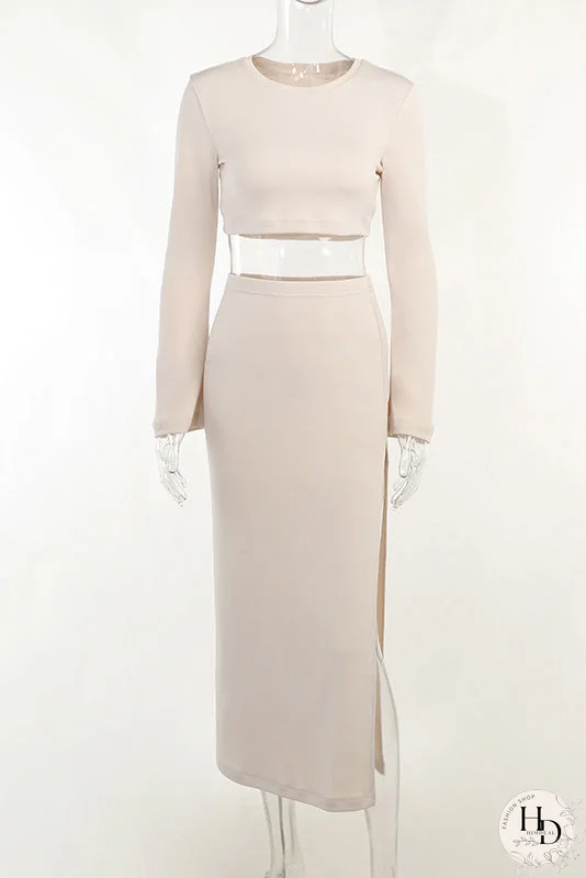 Vestido elegante de dos piezas de manga larga con abertura lateral