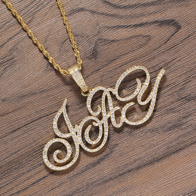 Custom Name Chain Iced Out Cursive Letters Pendant Necklace-VESSFUL