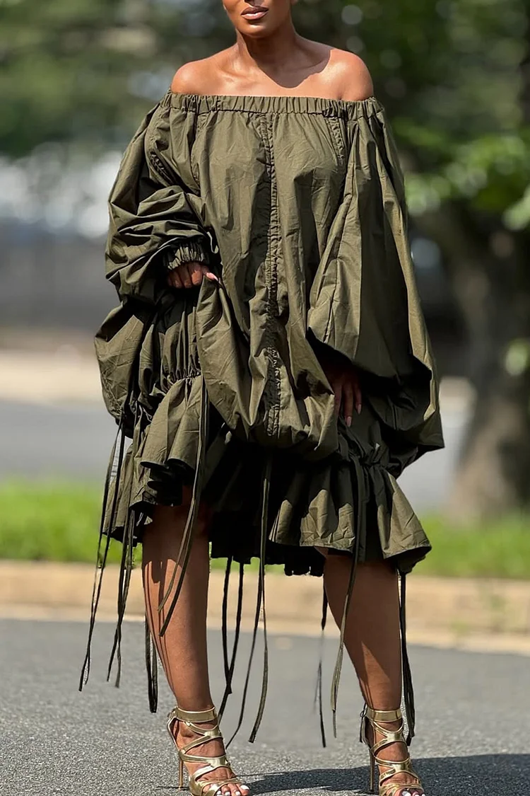 Plus Size Vacation Army Green Off The Shoulder Lantern Sleeve Long Sleeve Ruffle Casual Ruched Midi Dresses [Pre-Order]