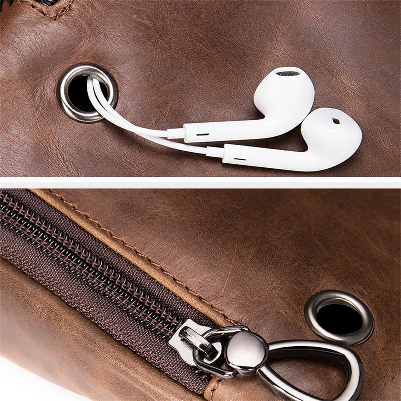 Soft Genuine Leather Adjustable Strap Earphone Jack Multi-Pocket Chest Bag