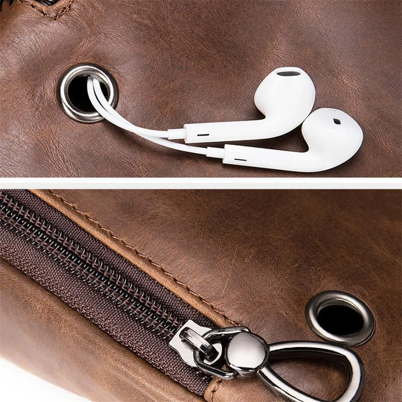 Soft Genuine Leather Adjustable Strap Earphone Jack Multi-Pocket Chest Bag