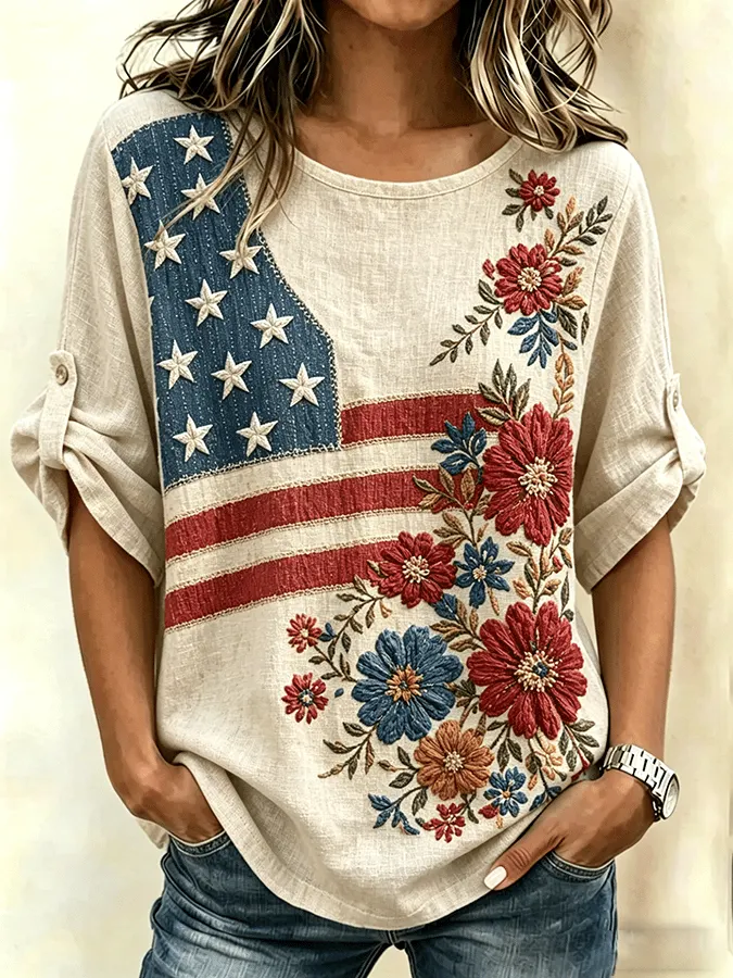 Women's 250 Artistic Floral Cotton Linen Retro Shirt 