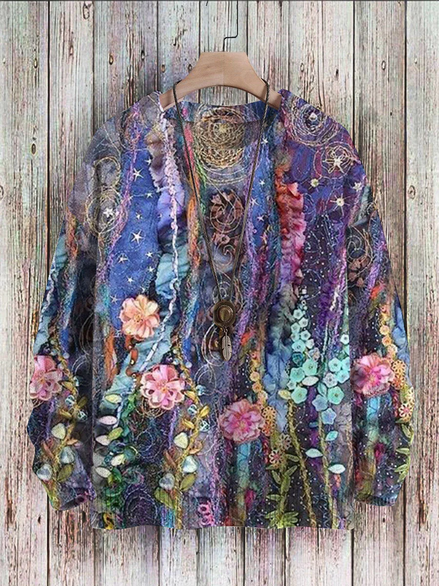Unisex Vintage Art Floral Print Knit Sweatshirt
