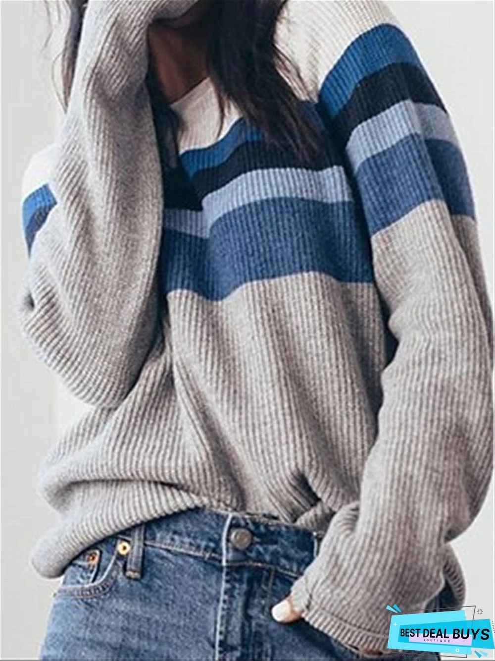 Basic Casual Autumn Knitted Grey Blue Top