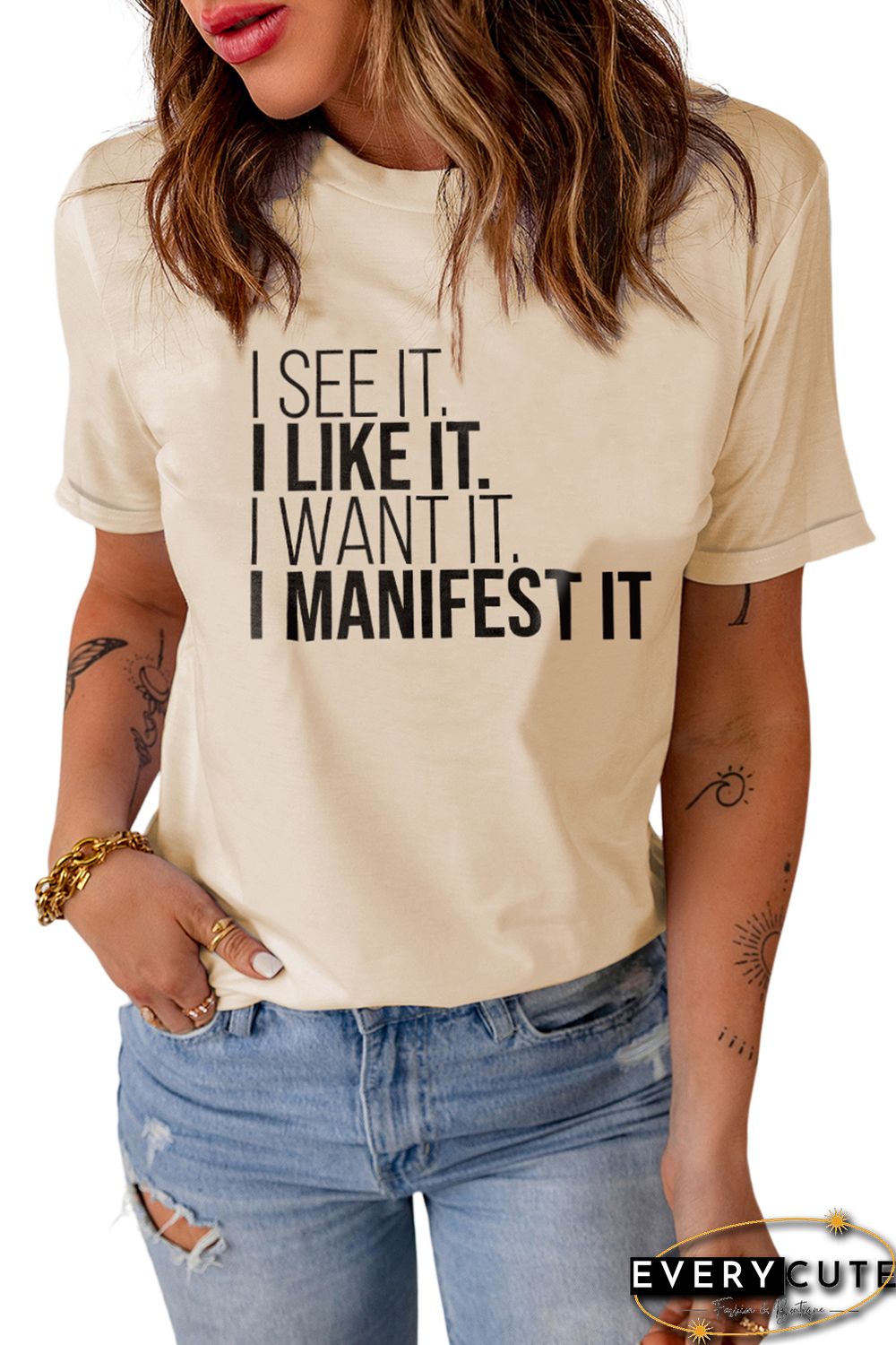 Khaki I Like It I Manifest It Letter Graphic T Shirt