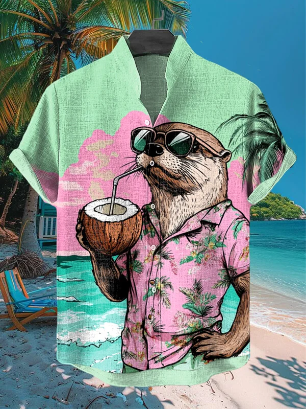 Men's Otter Drinking Coconut Juice Vacation Print Casual Shirt