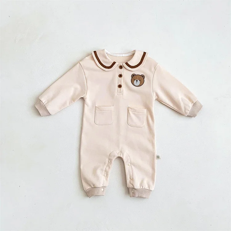 Baby Boy/Girl Lapel Collar Bear Suspender Long Sleeve Romper