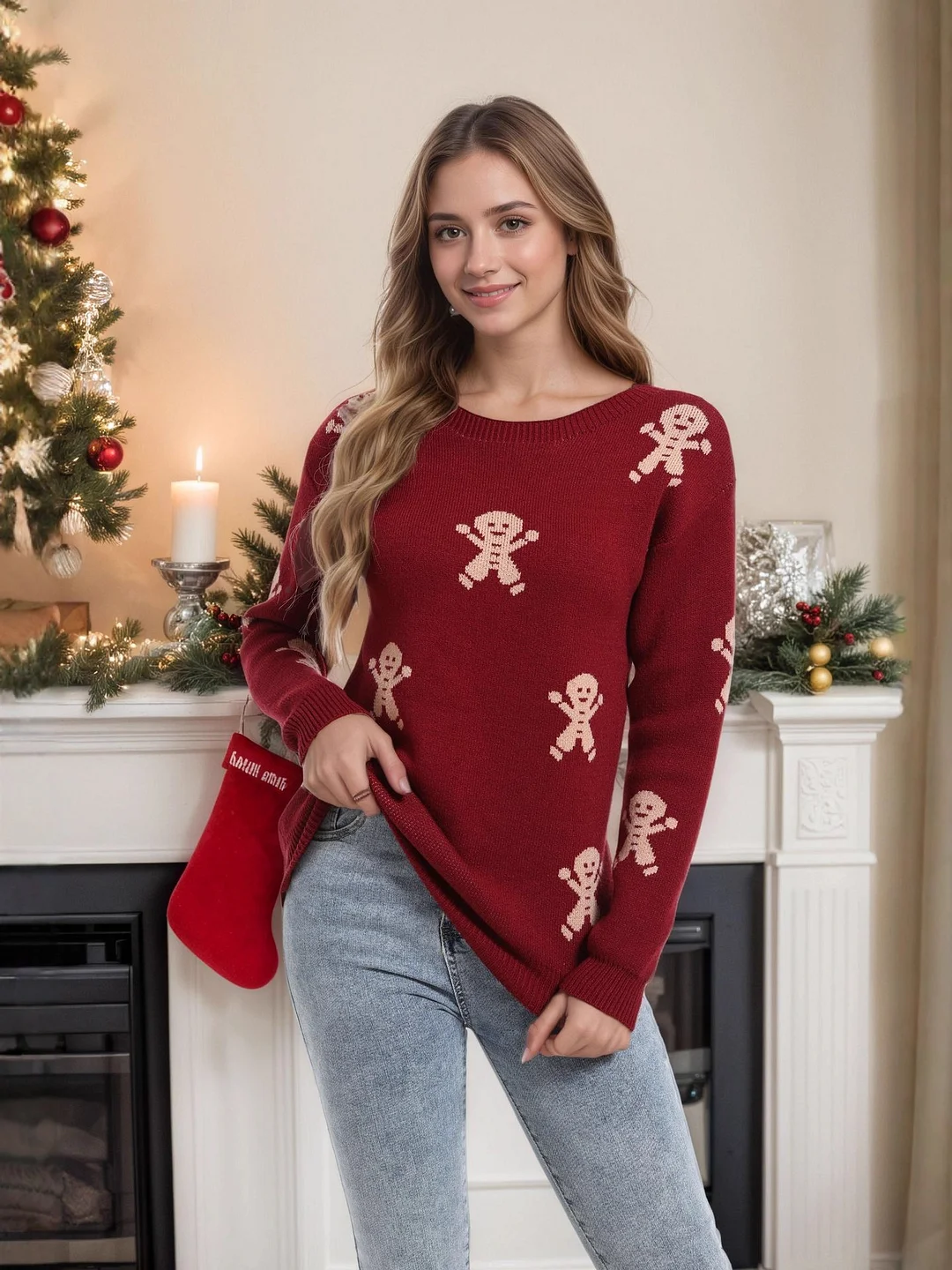 Athvotar Athvotar And Winter New Christmas Knitted Cartoon Man Embroidered Round Collar Sweater Women's Top