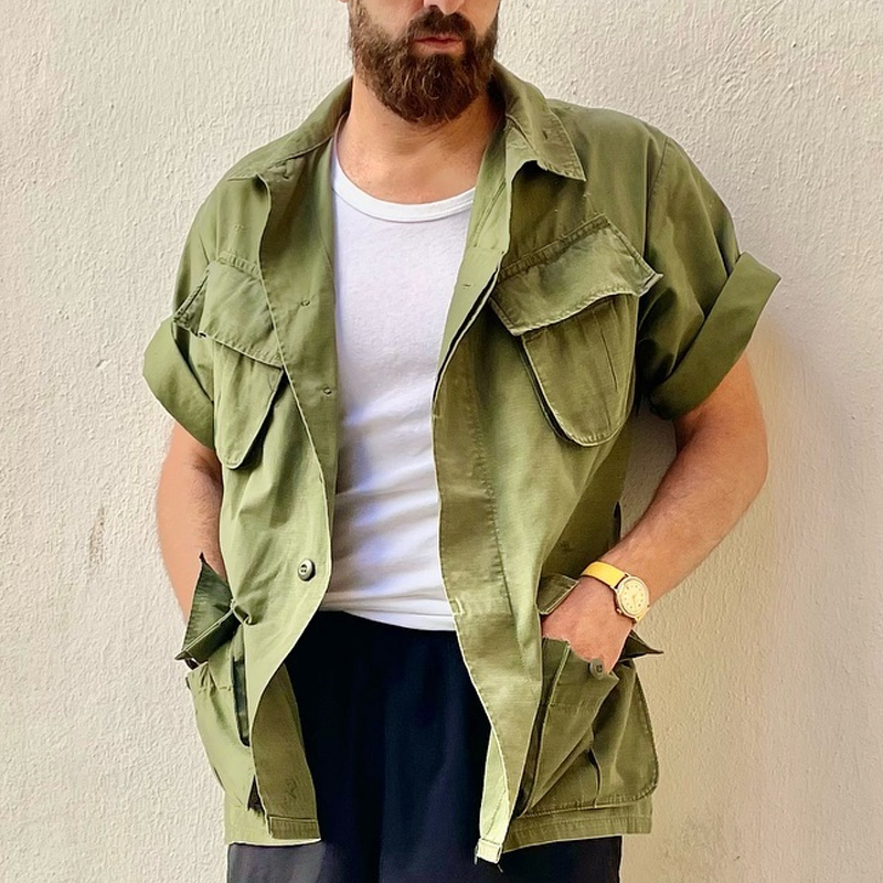 Vintage Military Utility Large Pocket Short Sleeve Jacket