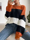 Round-Neck Long Sleeve Loose Contrast Color Stripe Sweater