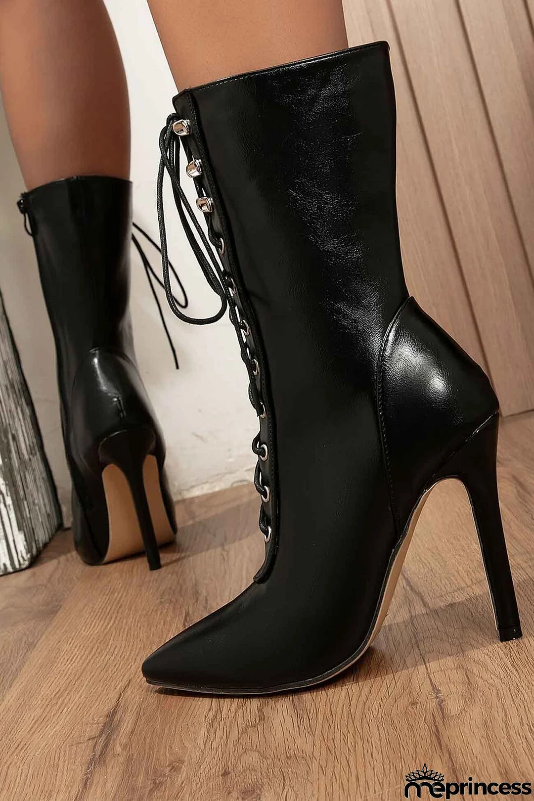 Pointed Toe Lace Up Mid-Calf Boots