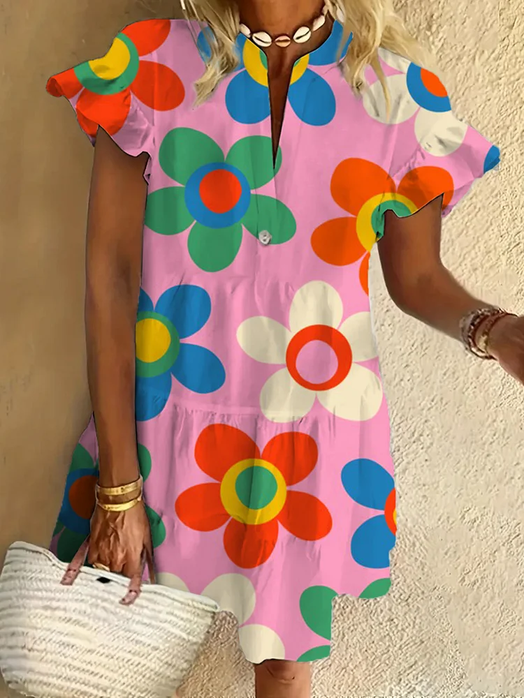 Colorful Flower Ruffled Short-sleeved V-neck Buttoned Dress Vacation Beach Dress