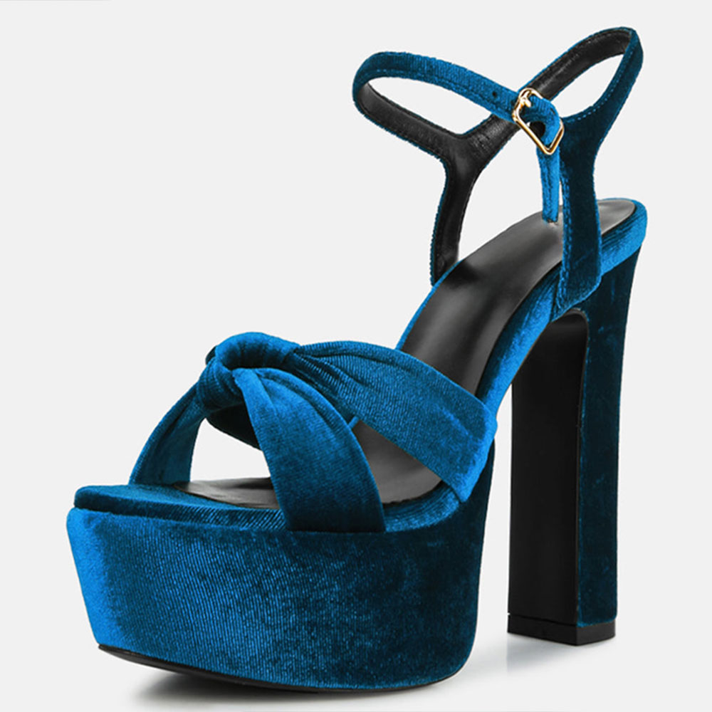 Round Toe Ankle Strap Chunky Heel Blue Platform Sandals for Women Nicepairs