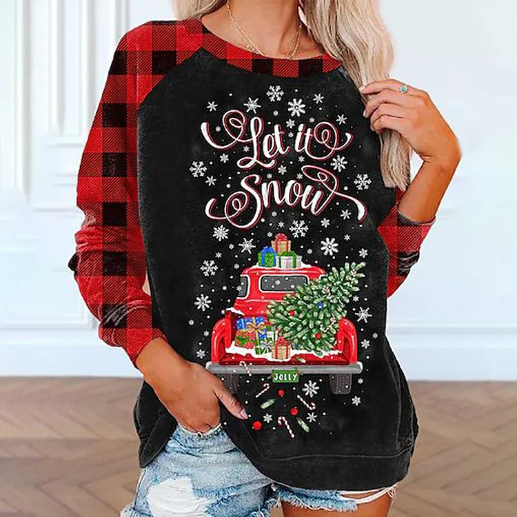 Wearshes Check Panel Christmas Print Casual Sweatshirt