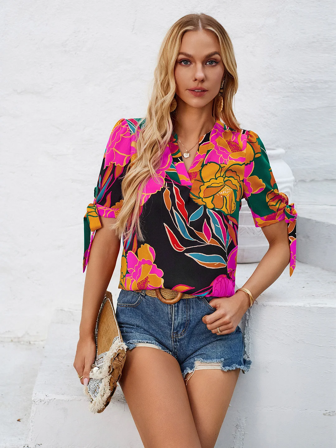 Toloer Toloer New Wish Women's Fashion Print Casual 24 Years V Leader Mouth Tied Knot Jacket Female-Outfit Ideas