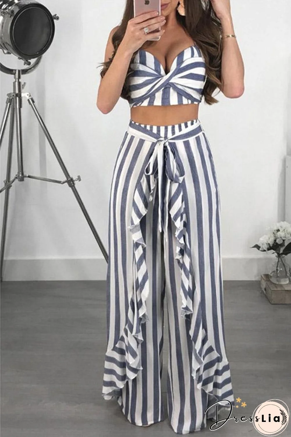 Off The Shoulder Stripe Ruffle Two Piece Sets