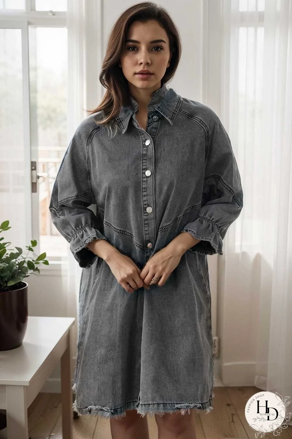 down loose short sleeve denim jean dress drop shoulder a line paneled peasant closed bateau v neck dress