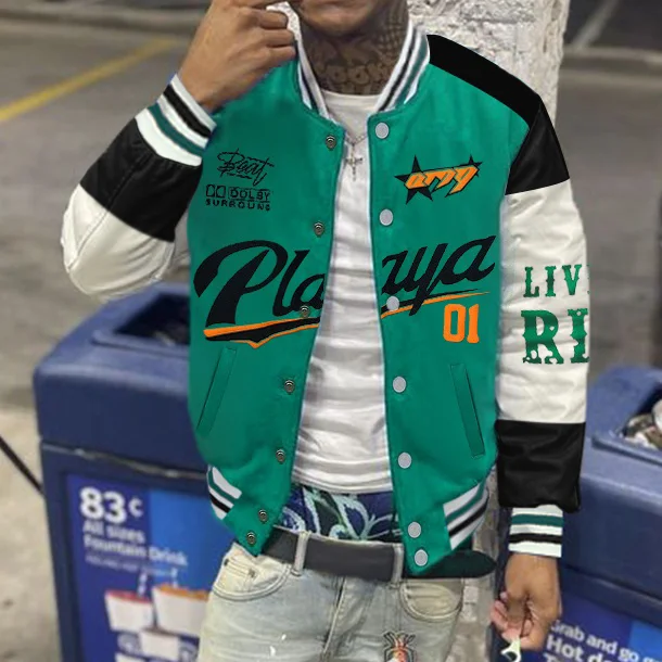 Casual Print Panel Baseball Jacket