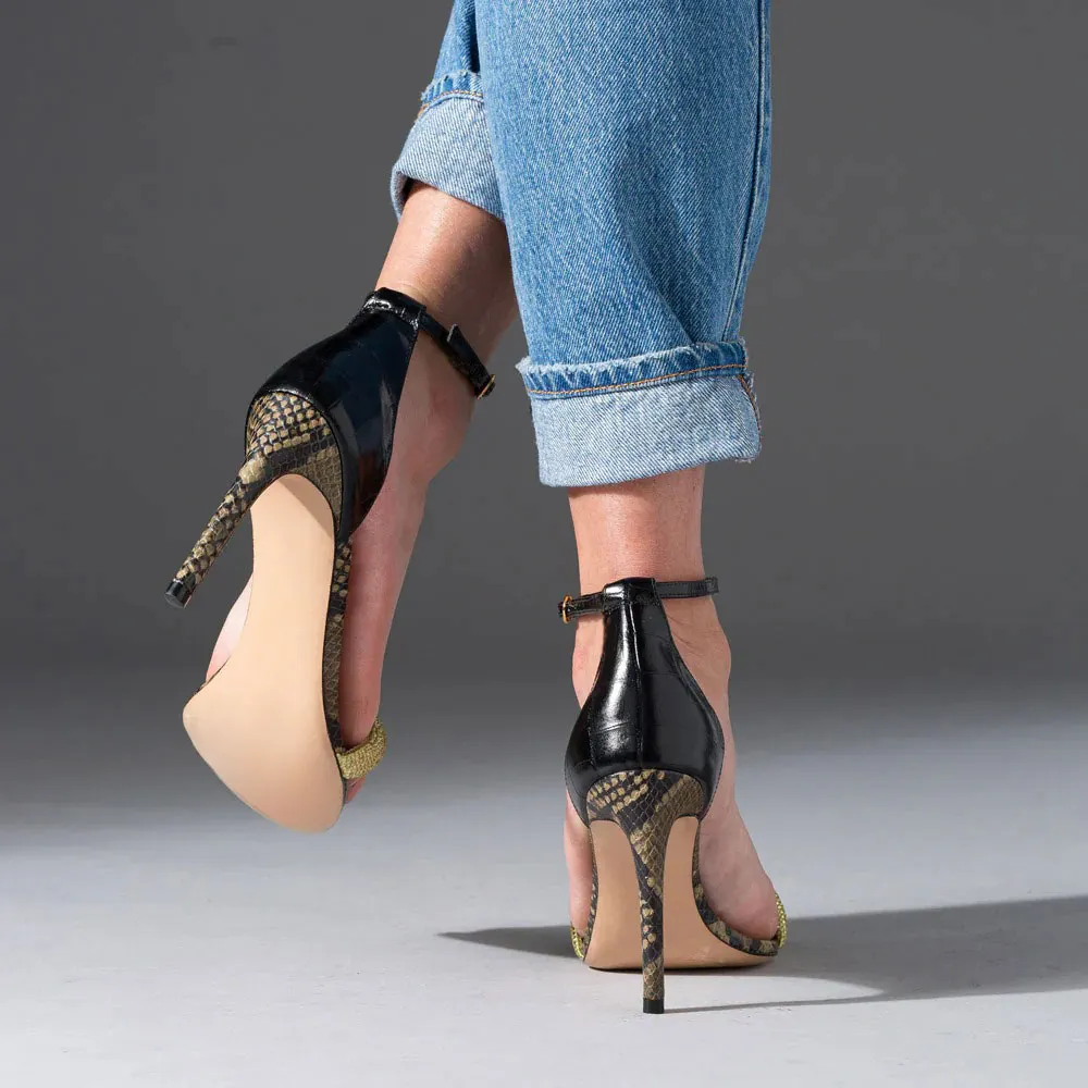 Black & Gold Rhinestone Snakeskin Pattern High Heels Sandals