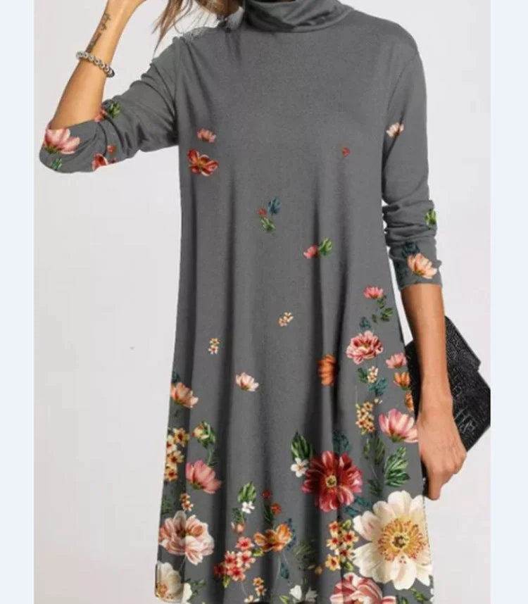 Brownm Fashion Printed Collar Long Sleeves Loose Dresses