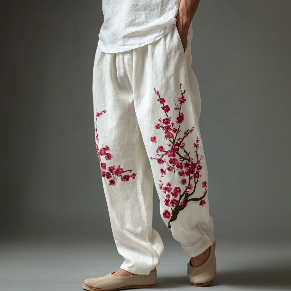 Men's Japanese Plum Blossom Art Cozy Linen Pants  artssus